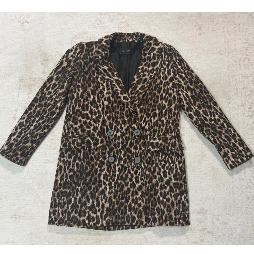 Zara Basic Leopard Print Double Breasted Blazer Jacket Brown Black Small